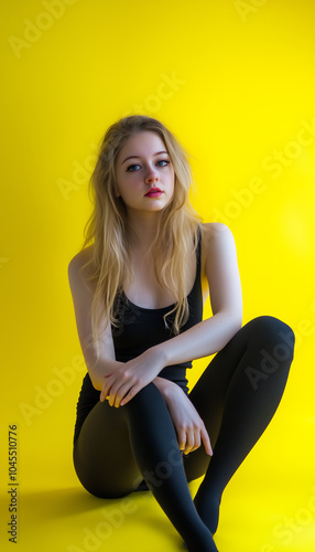 Blonde girl in black top and black leggings against yellow studio wall background