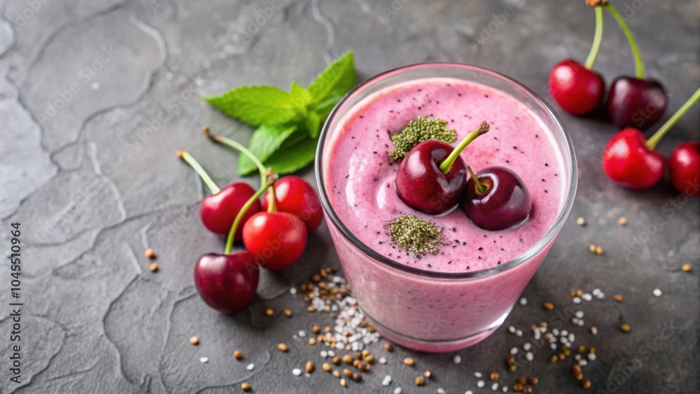A refreshing summer smoothie with a vibrant pink hue, made with ripe cherries and topped with chia seeds and a sprig of mint. A refreshing summer smoothie with a vibrant pink hue, made with ripe cherries and topped with chia seeds and a sprig of mint.