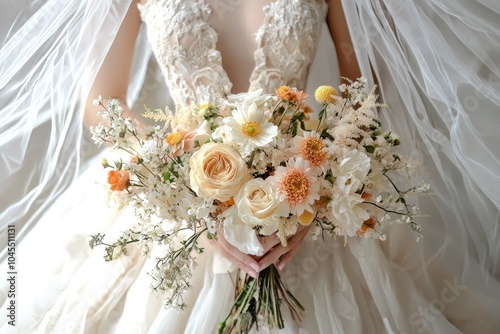 Elegant bridal bouquet with pastel flowers, bride in wedding dress. photo