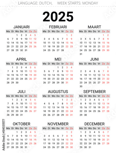 2025 dutch calendar. Printable, editable vector illustration Dutch. 12 months year kalender