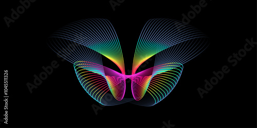 Abstract symmetry wings line in rainbow colors isolated on black background. Vector illustration in concept of freedom, peace, evolve.