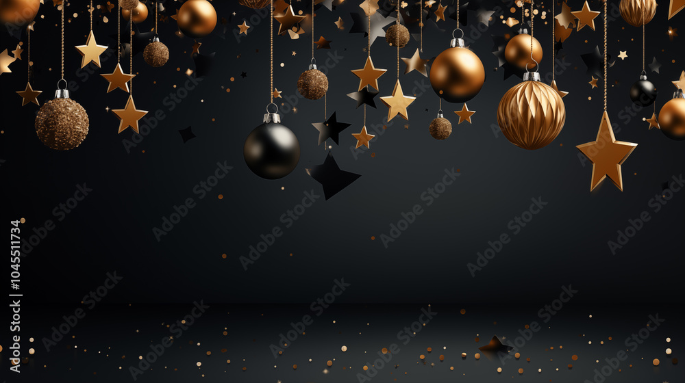 Different Christmas black and golden decorations with balls and ribbon bows Different Christmas black and golden decorations with balls and ribbon bows
