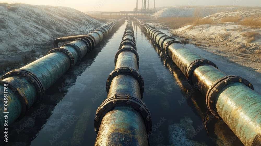 Water distribution network with pipelines delivering treated water to urban and rural areas. Water distribution network with pipelines delivering treated water to urban and rural areas.