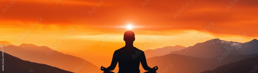 A silhouette of a person meditating at sunset, with a glowing light above their head, set against mountains and a vibrant orange sky. A silhouette of a person meditating at sunset, with a glowing light above their head, set against mountains and a vibrant orange sky.