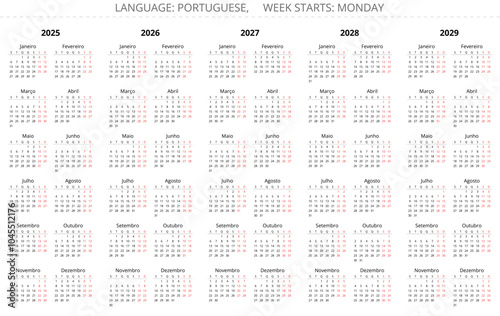 2025, 2026, 2027, 2028, 2029 portuguese year calendars. Vector illustration for Portugal