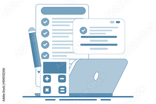 Budget bookkeeping concept. Document. Accounting debit and credit, billing and income tax calculation. Financial management concept. Flat vector illustration on background.