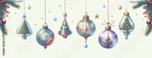 Set of watercolor glass Christmas tree toys hanging on a string.