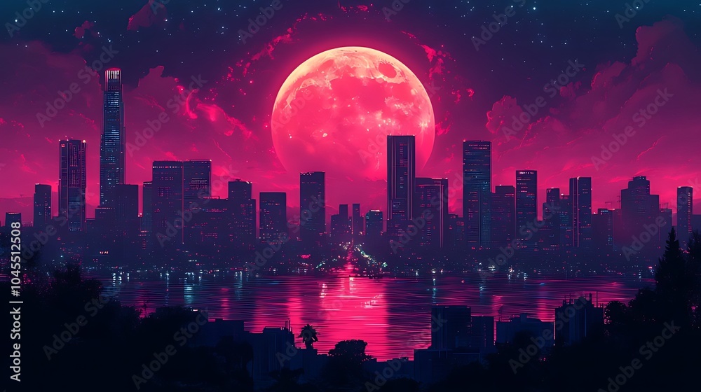 Fototapeta premium A vibrant red moon shines over a cityscape, casting a crimson glow across the buildings and water.