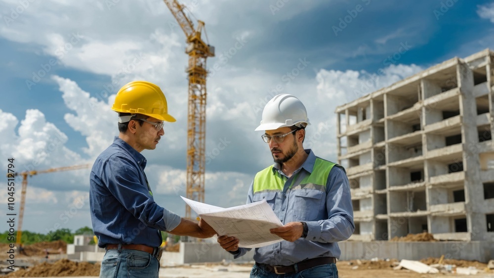 two engineers consulted and planned the construction of the building. they meet to discuss building designs, working on sites for large building projects two engineers consulted and planned the construction of the building. they meet to discuss building designs, working on sites for large building projects