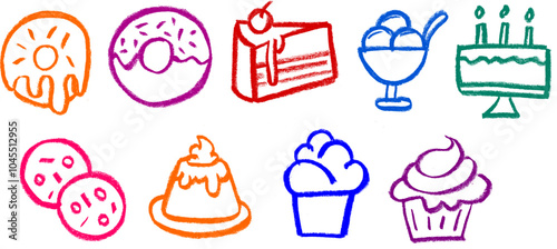 Cakes and Sweets Icons Crayon Chalk Drawing Vector Set