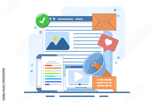 Content marketing concept, Brand content promotion, Email marketing, Social media advertising, Content strategy, content marketing strategy, Social media, vector illustration with icons.