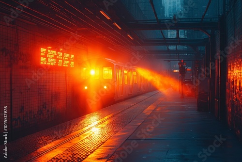 Train Arriving at a City Subway Platform at Night