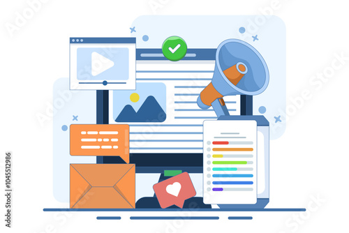 Content marketing concept, Brand content promotion, Email marketing, Social media advertising, Content strategy, content marketing strategy, Social media, vector illustration with icons.