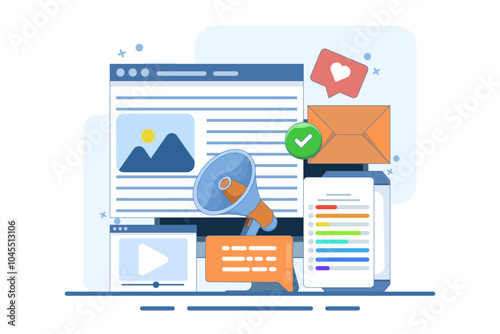 Content marketing concept, Brand content promotion, Email marketing, Social media advertising, Content strategy, content marketing strategy, Social media, vector illustration with icons.