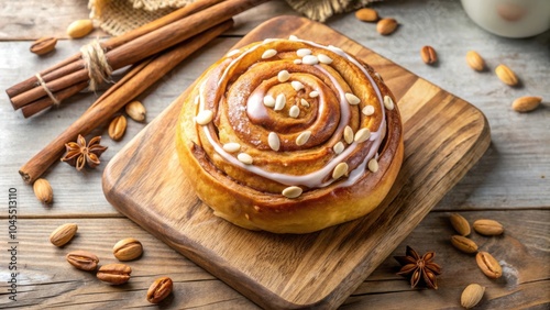 A single cinnamon roll, topped with white icing and a sprinkle of nuts, sits on a wooden cutting board, surrounded by cinnamon sticks, star anise, and nuts.