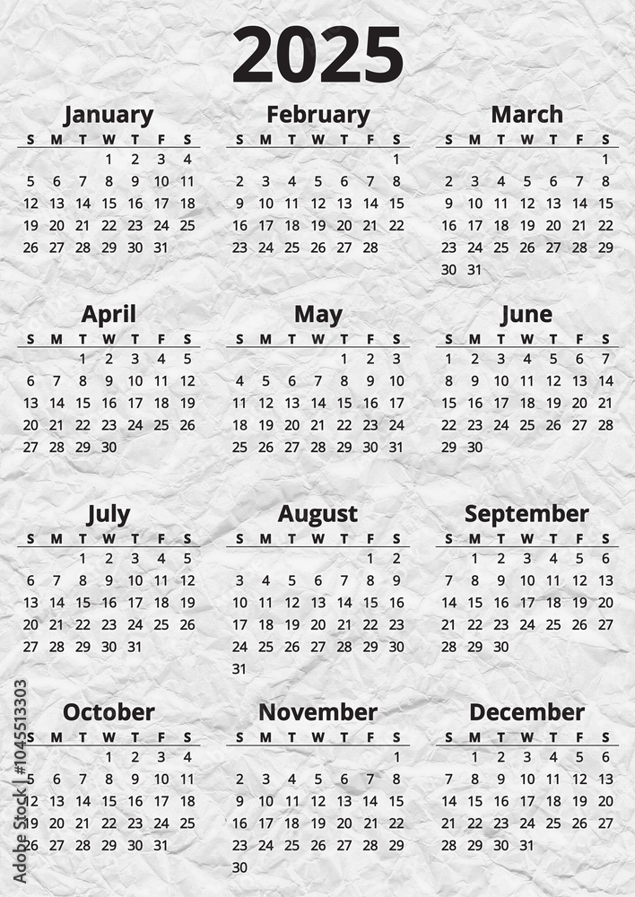 2025 english annual calendar on crumpled paper page 2025 english annual calendar on crumpled paper page