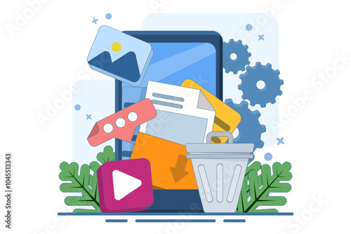 concept of Deleting data and moving unnecessary files to trash, Cleaning digital memory, Deleting documents in trash, Cleaning software, vector flat illustration template.
