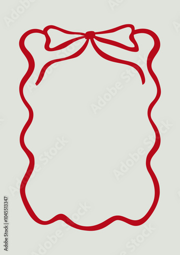 Wavy frame with red bow. Vector flat illustration in retro coquette aesthetic. Greeting card template with hand drawn ribbon