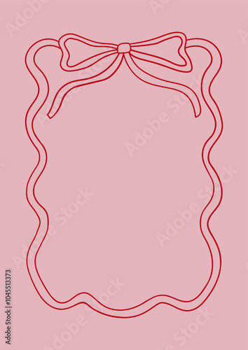 Wavy frame with a bow. Vector outline illustration in coquette aesthetic. Greeting card template with hand drawn ribbon. Holiday clipart in retro sketch style