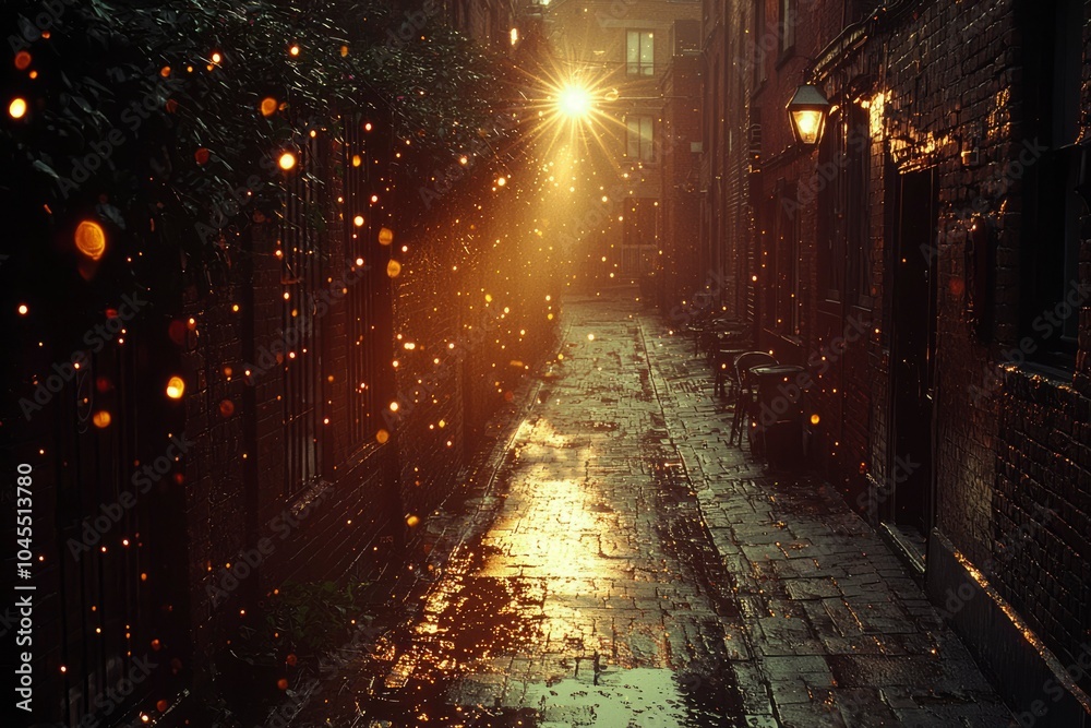 A Sunlit Cobblestone Alleyway with Glimmering Lights A Sunlit Cobblestone Alleyway with Glimmering Lights