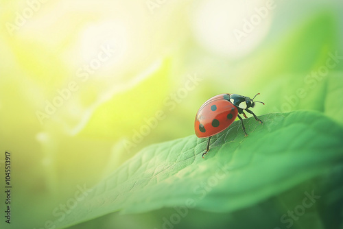 A detailed macro shot of a ladybug (Coccinella septempunctata) on a yellow plant. photo