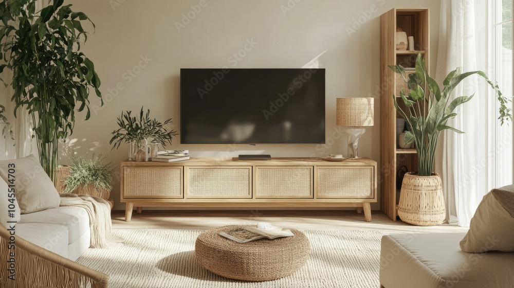 Modern Living Room with Natural Decor and Plants Modern Living Room with Natural Decor and Plants