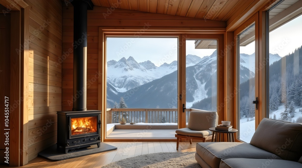 Fototapeta premium Cozy Wooden Cabin with Freestanding Vintage Fireplace and Panoramic View of Snowy Alps