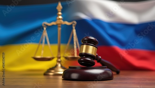 Ukrainian flag on the left and Russian flag on the right lying on table, in the middle above is hat with U.S. flag, gavel lying on table and justice scale
