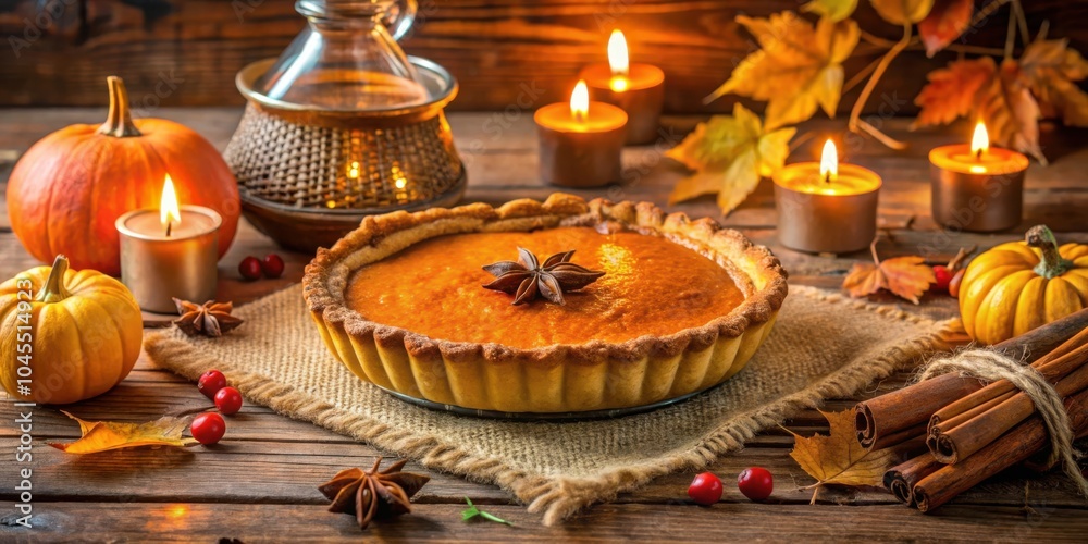 Obraz premium A rustic autumnal table setting featuring a freshly baked pumpkin pie, surrounded by miniature pumpkins, cinnamon sticks, and flickering candles, all resting on a burlap tablecloth.