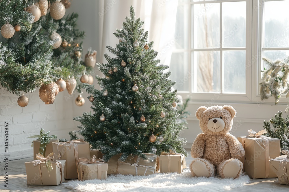 Charming Christmas Tree with Gifts and a Teddy Bear in a Cozy Living Room Interior Charming Christmas Tree with Gifts and a Teddy Bear in a Cozy Living Room Interior