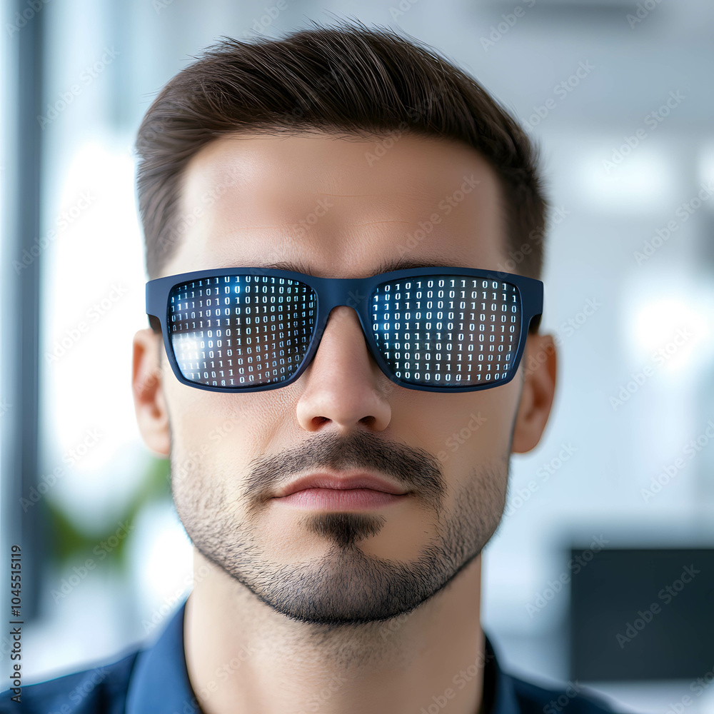 Data and information in the online system concept. User access and search of online information. Man wearing glasses with binary code. Data and information in the online system concept. User access and search of online information. Man wearing glasses with binary code.