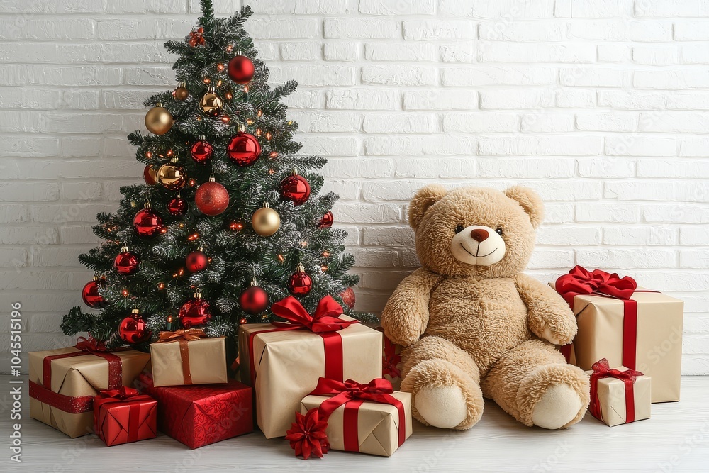 Charming Christmas Tree with Gifts and a Teddy Bear in a Cozy Living Room Interior Charming Christmas Tree with Gifts and a Teddy Bear in a Cozy Living Room Interior
