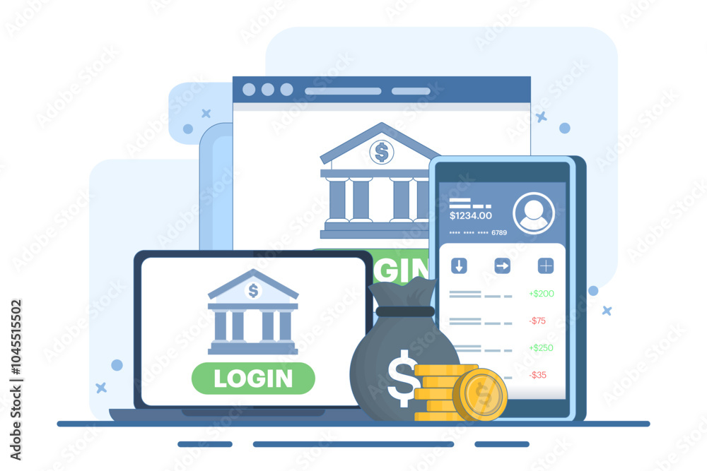 Fototapeta premium Online banking and mobile payments concept, login to bank account, digital wallet, internet money, savings and finance, mobile banking. Flat vector illustration on background.