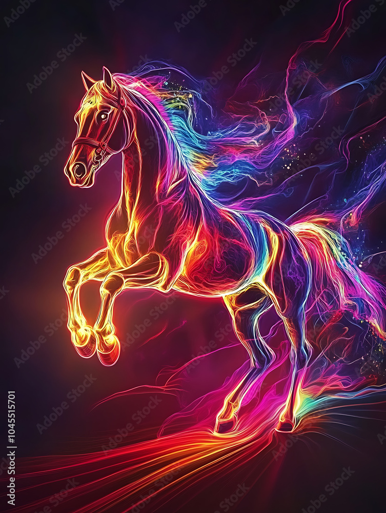 A dynamic illustration of a powerful horse illuminated by neon lights A dynamic illustration of a powerful horse illuminated by neon lights