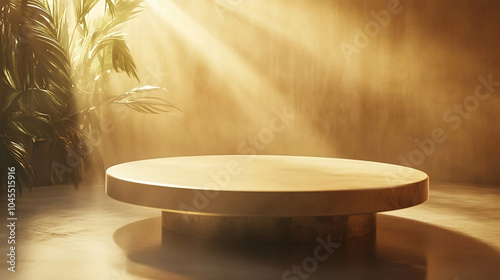 Ai Gold podium with rich golden clouds.Round golden table top with abstract shadow.A gold podium is set against a glitter background with bokeh lights, suitable for product presentation, promotion.