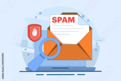 spam mailbox concept, spam warning, laptop with envelope and document, warning, security. sending spam mail and document online, warning message, flat vector illustration template.