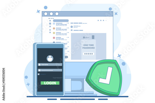 The concept of logging into a website or application using two steps, Two-step authentication. Verification code message, Two-factor verification, notification with code for secure login or sign in.