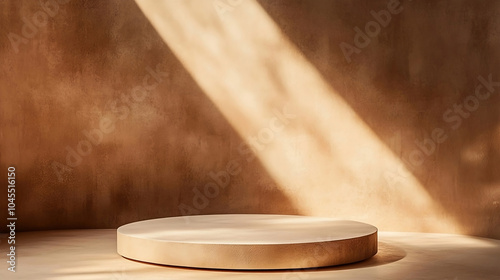 Ai Gold podium with rich golden clouds.Round golden table top with abstract shadow.A gold podium is set against a glitter background with bokeh lights, suitable for product presentation, promotion.