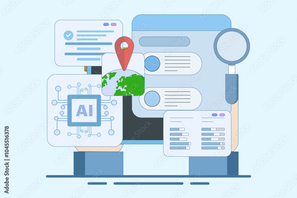 Search engine AI Assistance Concept, AI suggests search results from search engine, Artificial intelligence chatbot to help user, flat vector illustration on background.