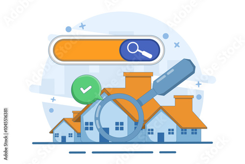 Real estate search concept, real estate, houses to buy, properties for sale. Real estate listings, houses for sale. Browse search for apartments for rent, residential properties. vector illustration.