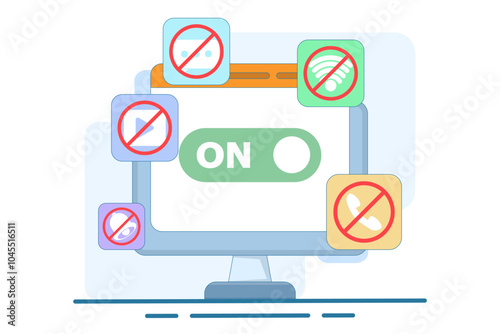 Concept of Activating Do Not Disturb mode on screen. feature on mobile phone or device to not display notifications, activate do not disturb mode, data vector illustration.