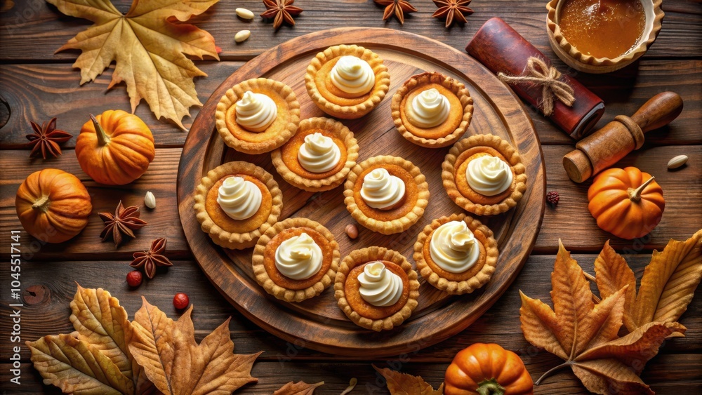 A delectable arrangement of miniature pumpkin pies with creamy swirls, nestled on a rustic wooden board surrounded by autumnal leaves and miniature pumpkins. A delectable arrangement of miniature pumpkin pies with creamy swirls, nestled on a rustic wooden board surrounded by autumnal leaves and miniature pumpkins.