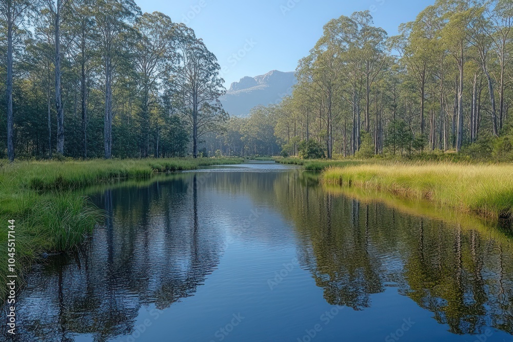 A tranquil landscape featuring a calm river surrounded by lush trees and mountains in the background. A tranquil landscape featuring a calm river surrounded by lush trees and mountains in the background.