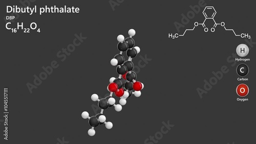 Dibutyl phthalate. Plasticizer. Animated 3D model of a molecule. Molecular formula: C16H22O4. Chemical model: Ball and stick. Gray background. 3D rendering. Seamless loop. photo