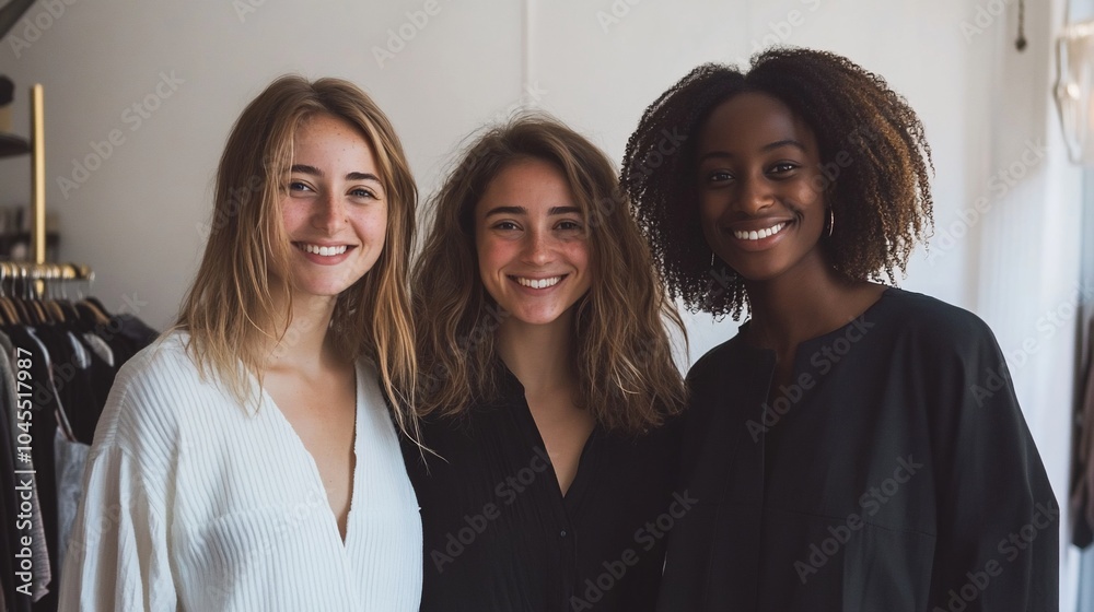 Three diverse young women smiling and looking at the camera. Three diverse young women smiling and looking at the camera.