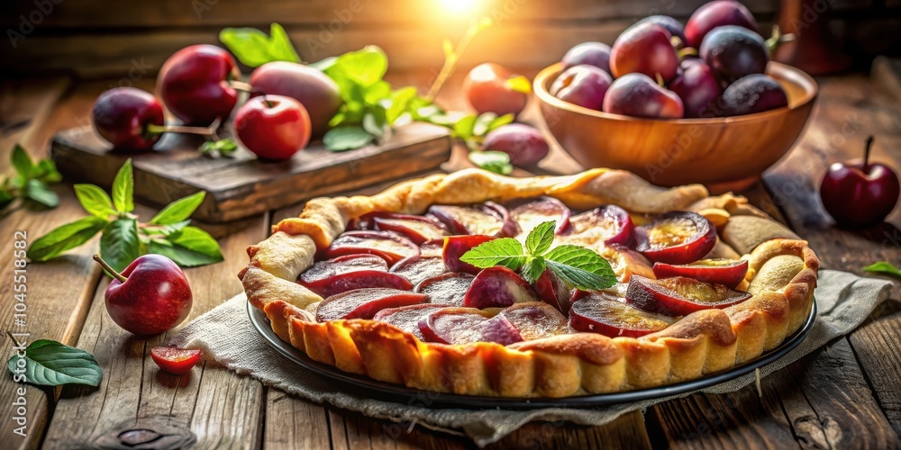 A Rustic Plum Tart With A Flaky Crust And A Touch Of Fresh Mint On A Wooden Table A Rustic Plum Tart With A Flaky Crust And A Touch Of Fresh Mint On A Wooden Table