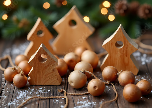 Frohe Weihnachten und ein gutes neues Jahr geschenkt mit Holz Christbaumkugeln. photo