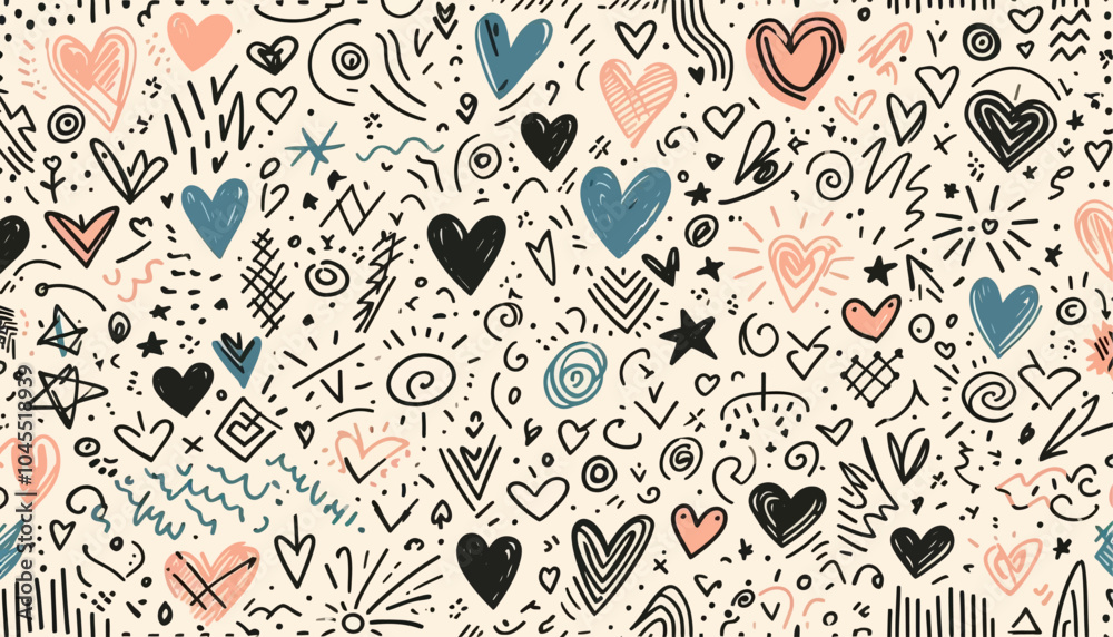 Naklejka premium Hand drawn sketch pattern featuring hearts, swirls, and stars in a whimsical style