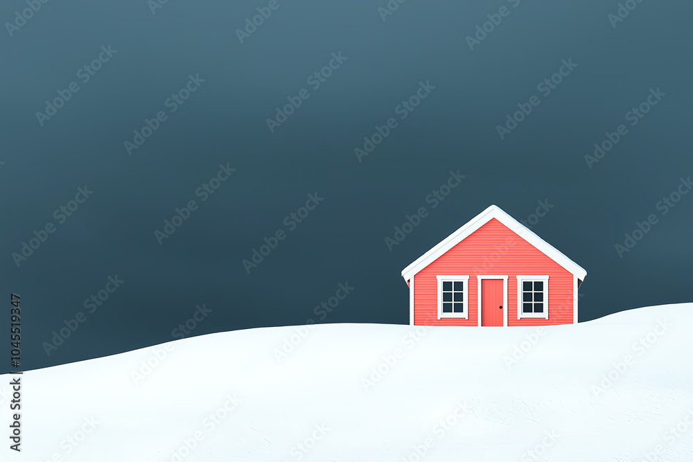 Snowy hilltop cabin, warm light inside, cozy refuge, 3D illustration