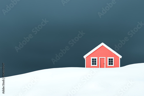 Snowy hilltop cabin, warm light inside, cozy refuge, 3D illustration